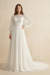 Modest Long Sleeve Casual Rustic A-Line Bateau Neck Wedding Dress Gowns with Train– Wedding Dresses by KissProm | Available at KissProm