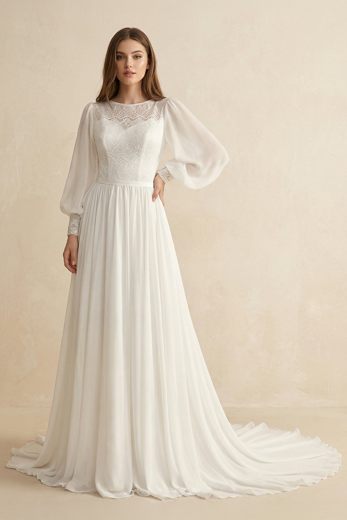 KissProm Modest Long Sleeve Casual Rustic A-Line Bateau Neck Wedding Dress Gowns with Train, Diamond White / 18