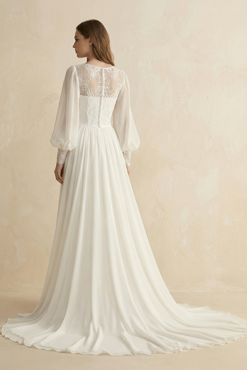 Modest Long Sleeve Casual Rustic A-Line Bateau Neck Wedding Dress Gowns with Train– Wedding Dresses by KissProm | Available at KissProm