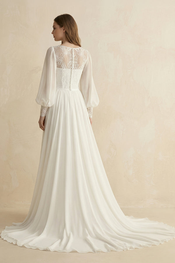Modest Long Sleeve Casual Rustic A-Line Bateau Neck Wedding Dress Gowns with Train– Wedding Dresses by KissProm | Available at KissProm