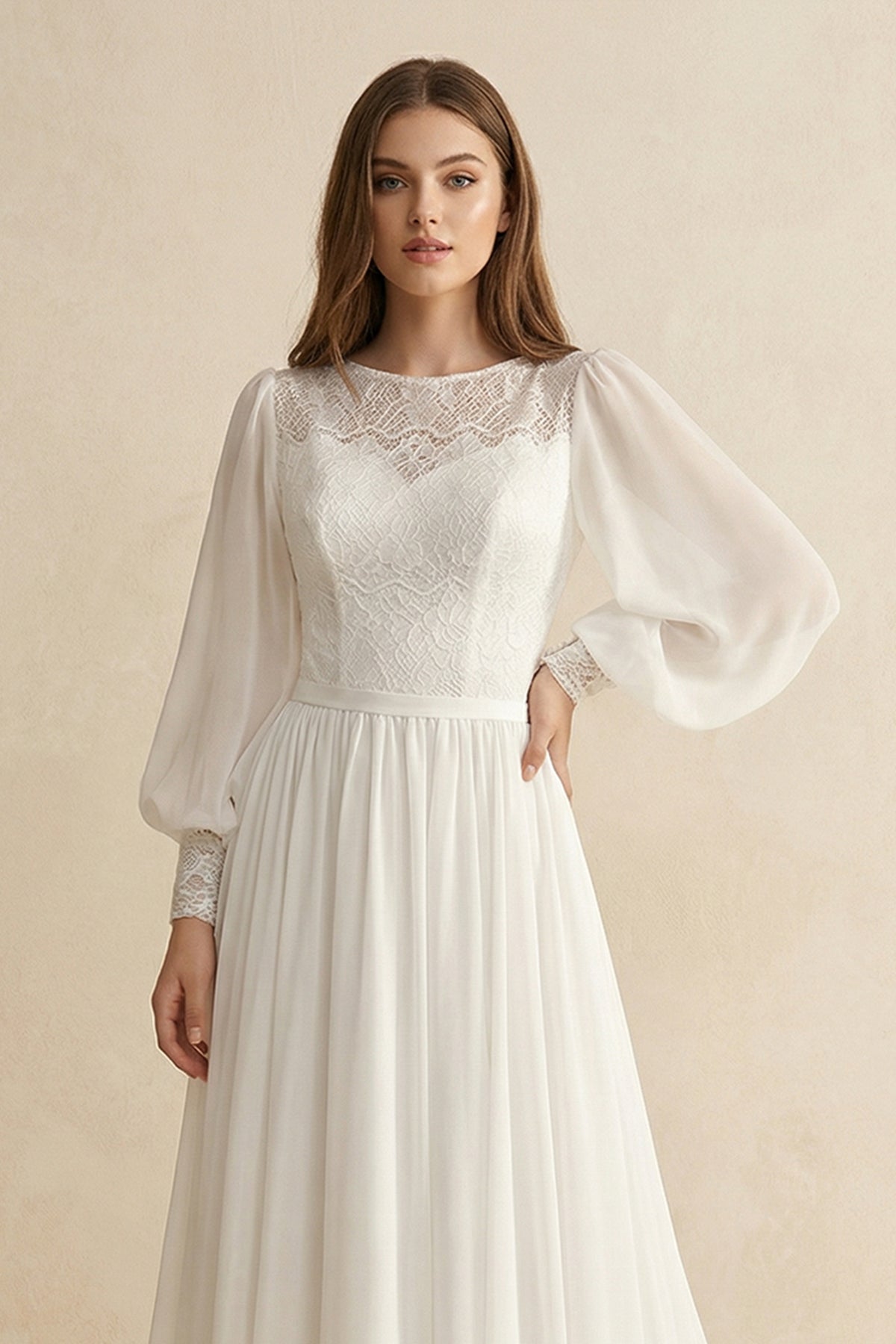 Modest Long Sleeve Casual Rustic A-Line Bateau Neck Wedding Dress Gowns with Train, Diamond White / 18 Modest Long Sleeve Casual Rustic A-Line Bateau Neck Wedding Dress Gowns with Train, Diamond White / 18