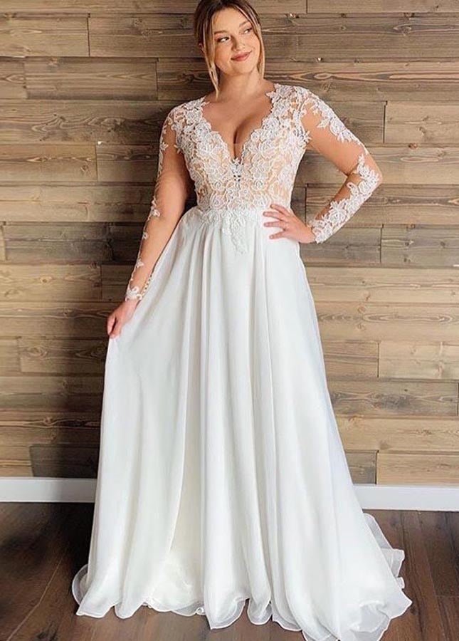 Modest Long Sleeves V - neck Lace Appliques A - Line Chiffon Beach Plus Size Wedding Dresses - KissProm