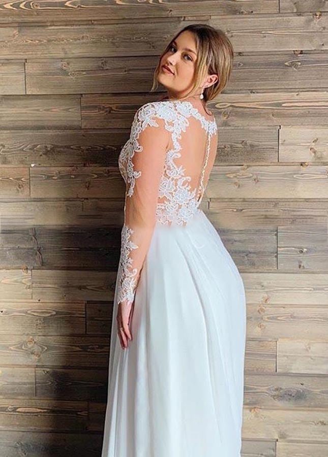 Modest Long Sleeves V - neck Lace Appliques A - Line Chiffon Beach Plus Size Wedding Dresses - KissProm