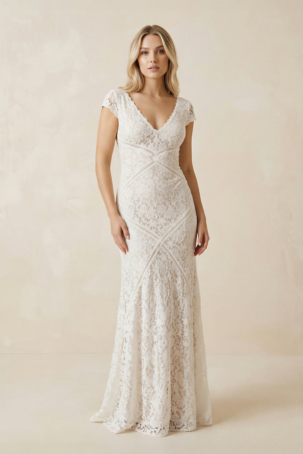 Modest Sheath Square V-neck Lace Wedding Dress with Short Sleeve Sweep