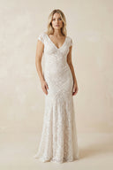 Modest Sheath Square V-neck Lace Wedding Dress with Short Sleeve Sweep Train– Wedding Dresses by KissProm | Available at KissProm