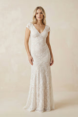 Modest Sheath Square V-neck Lace Wedding Dress with Short Sleeve Sweep Train– Wedding Dresses by KissProm | Available at KissProm