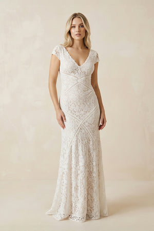 Modest Sheath Square V-neck Lace Wedding Dress with Short Sleeve Sweep Train– Wedding Dresses by KissProm | Available at KissProm