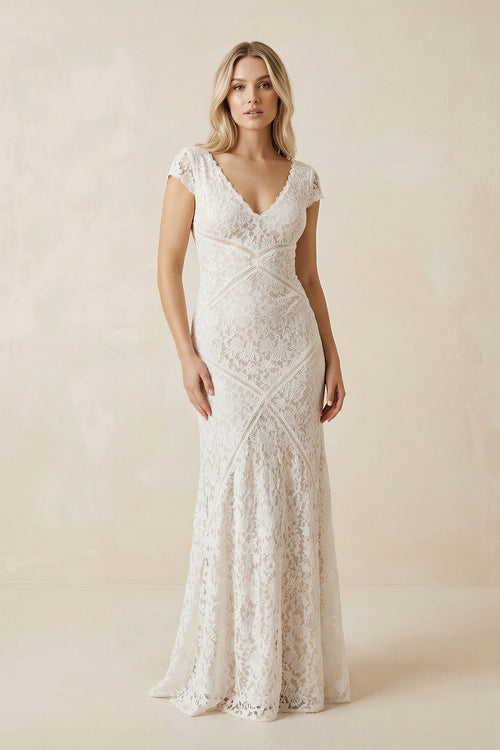 Modest Sheath Square V-neck Lace Wedding Dress with Short Sleeve Sweep Train– Wedding Dresses by KissProm | Available at KissProm