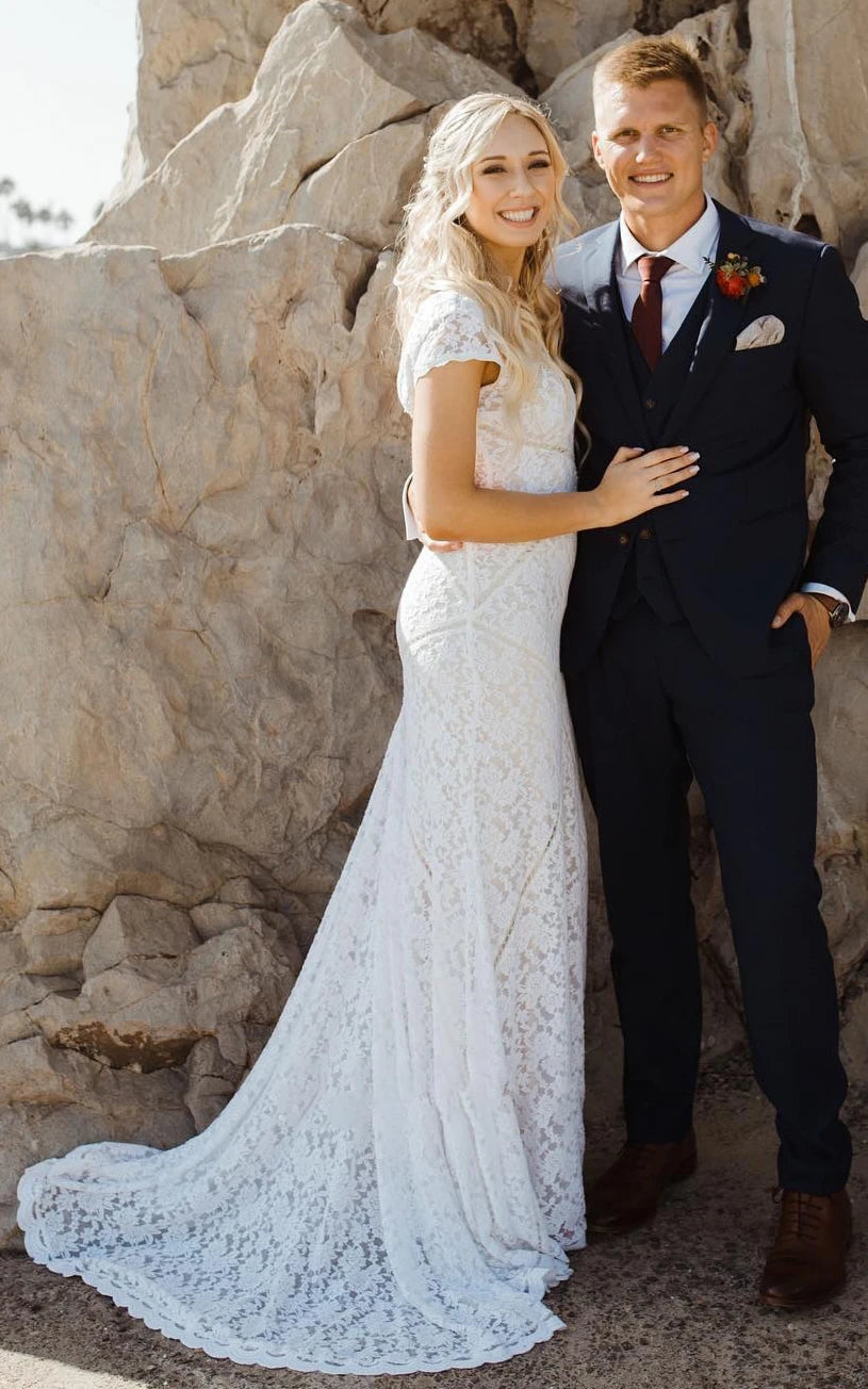 Modest Sheath Square V-neck Lace Wedding Dress with Short Sleeve Sweep Train