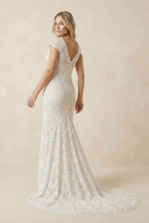 Modest Sheath Square V-neck Lace Wedding Dress with Short Sleeve Sweep Train– Wedding Dresses by KissProm | Available at KissProm