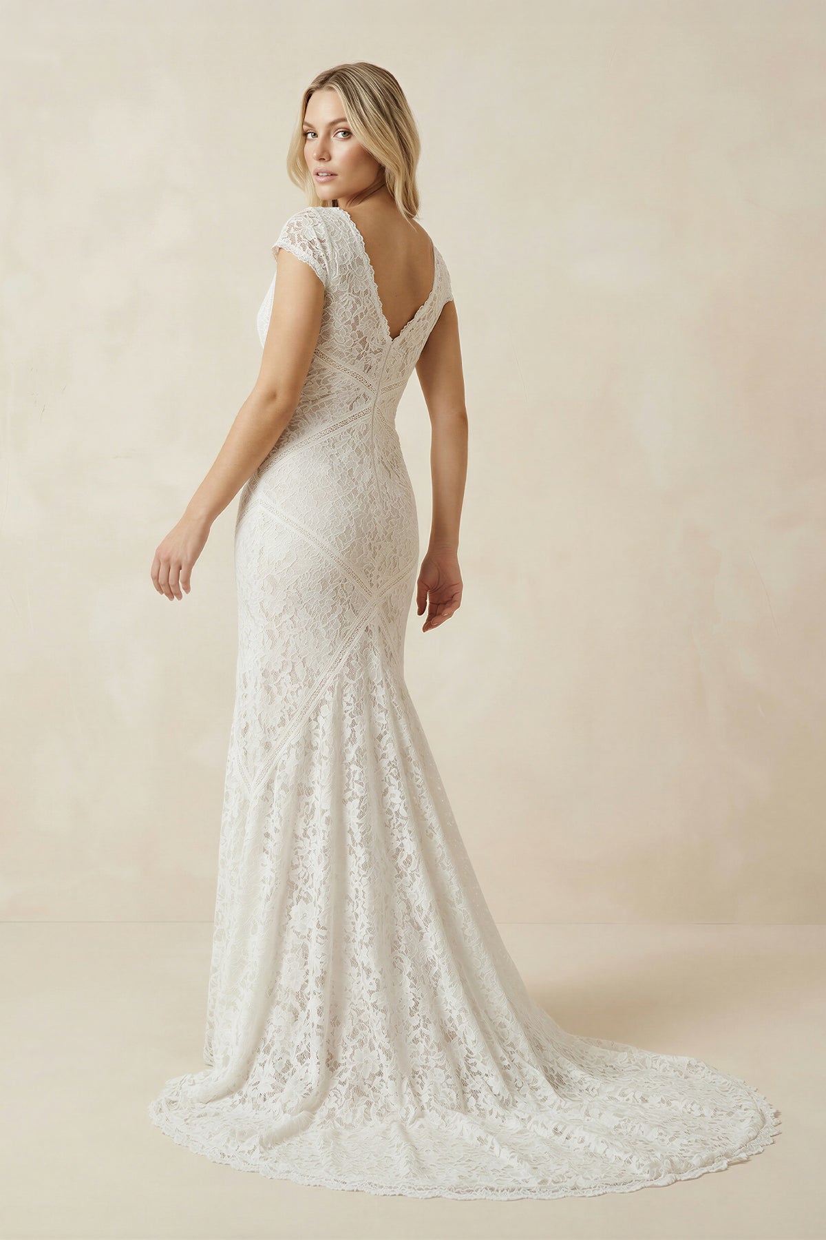 Modest Sheath Square V-neck Lace Wedding Dress with Short Sleeve Sweep