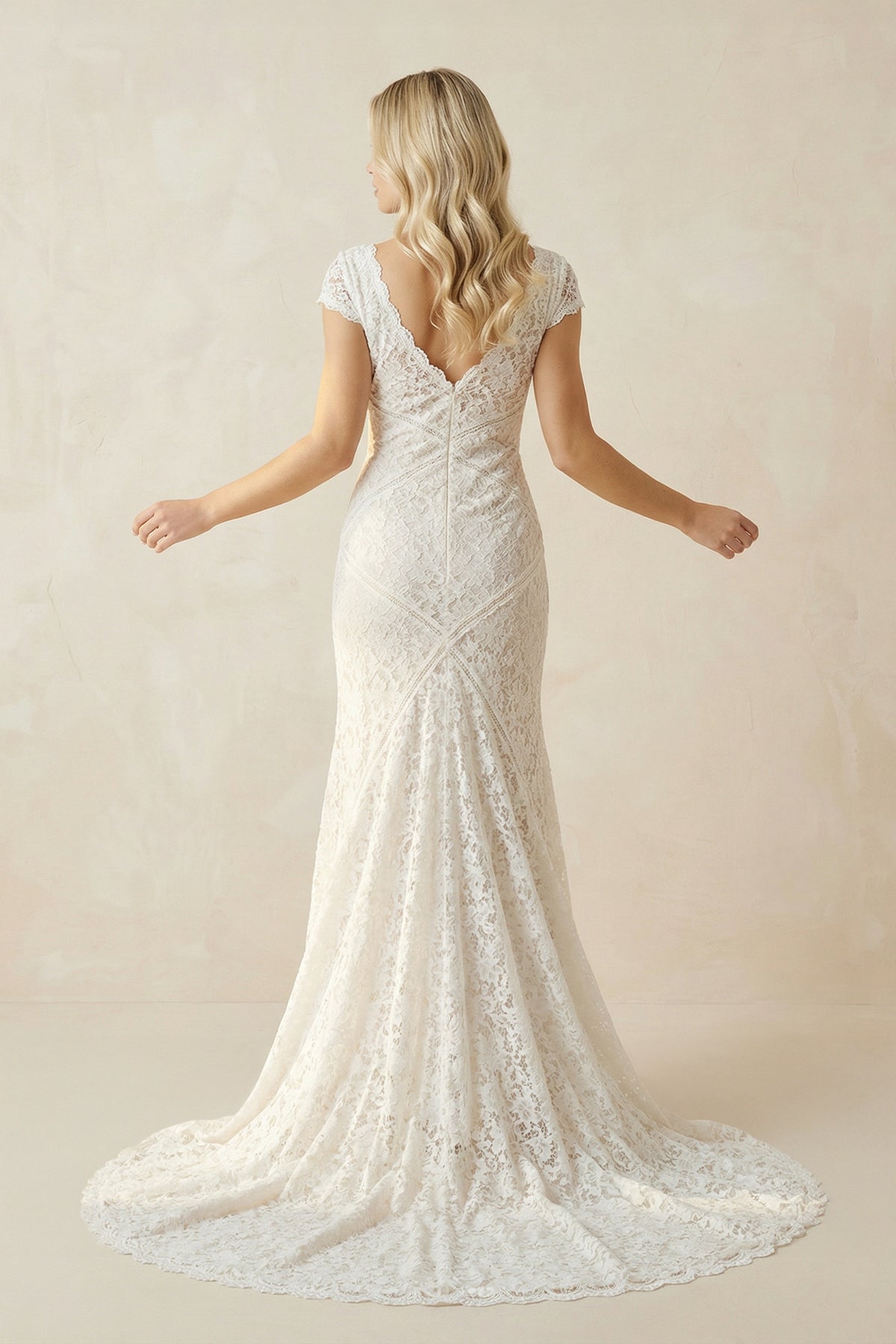 Modest Sheath Square V-neck Lace Wedding Dress with Short Sleeve Sweep Modest Sheath Square V-neck Lace Wedding Dress with Short Sleeve Sweep