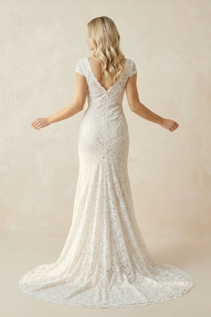 Modest Sheath Square V-neck Lace Wedding Dress with Short Sleeve Sweep Train– Wedding Dresses by KissProm | Available at KissProm