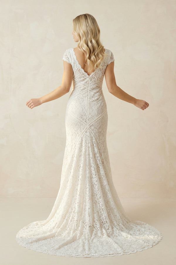 Modest Sheath Square V-neck Lace Wedding Dress with Short Sleeve Sweep Train– Wedding Dresses by KissProm | Available at KissProm