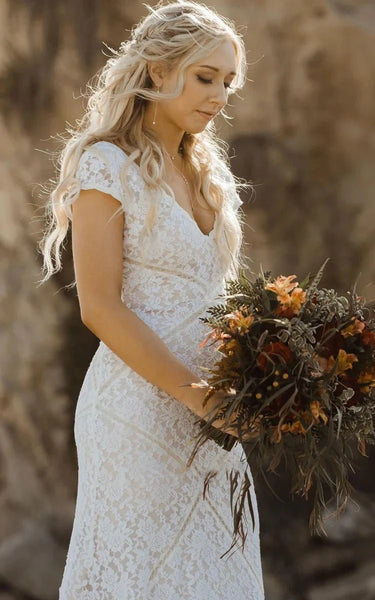 Modest Sheath Square V-neck Lace Wedding Dress with Short Sleeve Sweep