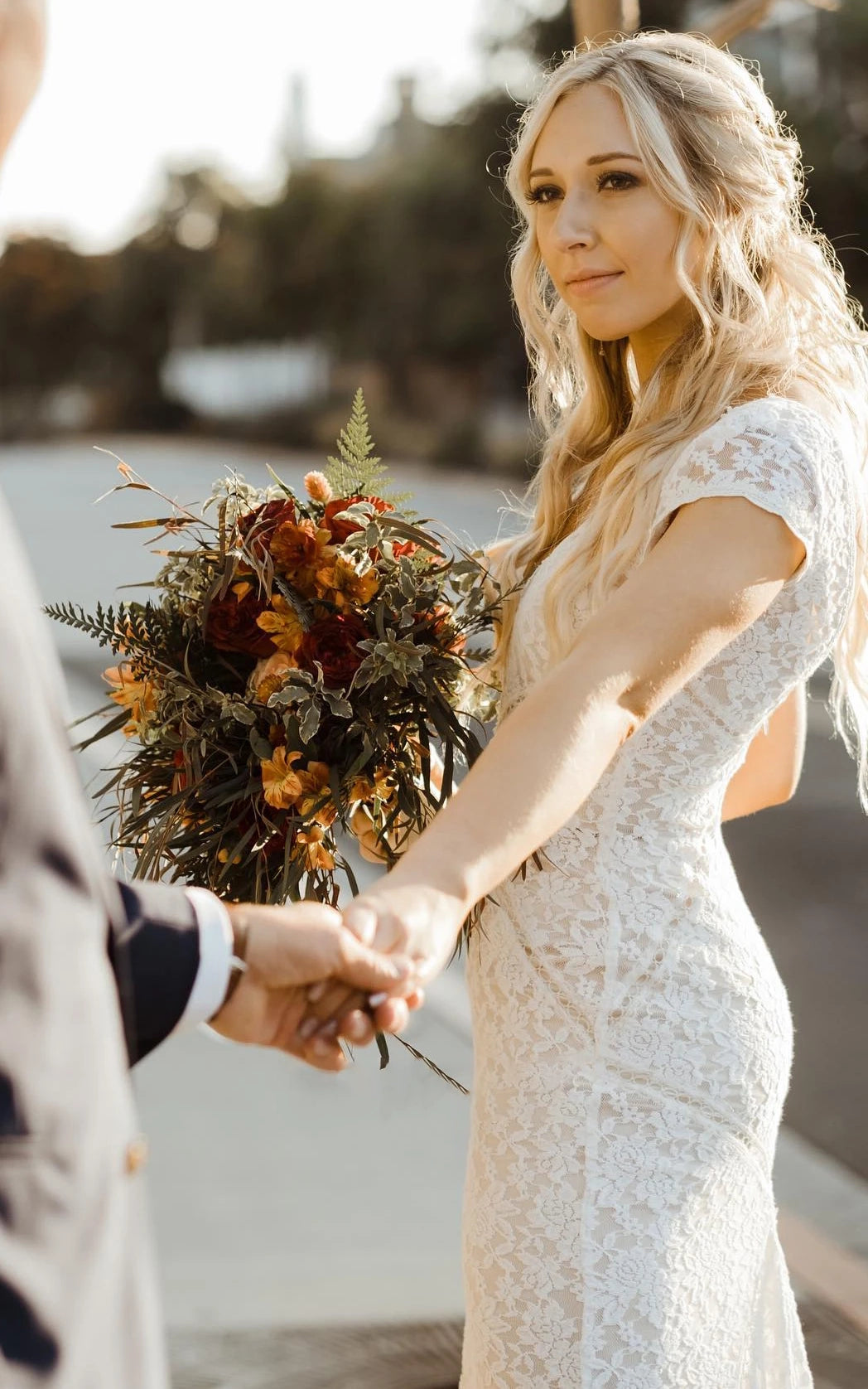 Modest Sheath Square V-neck Lace Wedding Dress with Short Sleeve Sweep Train
