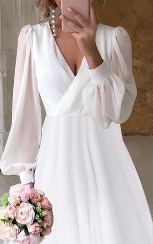 A-Line V-Neck Long Sleeves Elegant Casual Asymmetrical Chiffon Wedding Dress with Zipper Back