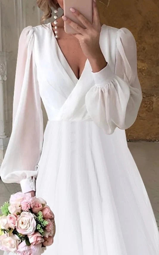 A-Line V-Neck Long Sleeves Elegant Casual Asymmetrical Chiffon Wedding