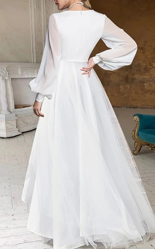 A-Line V-Neck Long Sleeves Elegant Casual Asymmetrical Chiffon Wedding Dress with Zipper Back