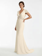 Modest Simple Sheath Short Sleeve Empire Floor - Length Sweep Train Chiffon V - neck Wedding Dress - KissProm