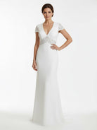 Modest Simple Sheath Short Sleeve Empire Floor - Length Sweep Train Chiffon V - neck Wedding Dress - KissProm