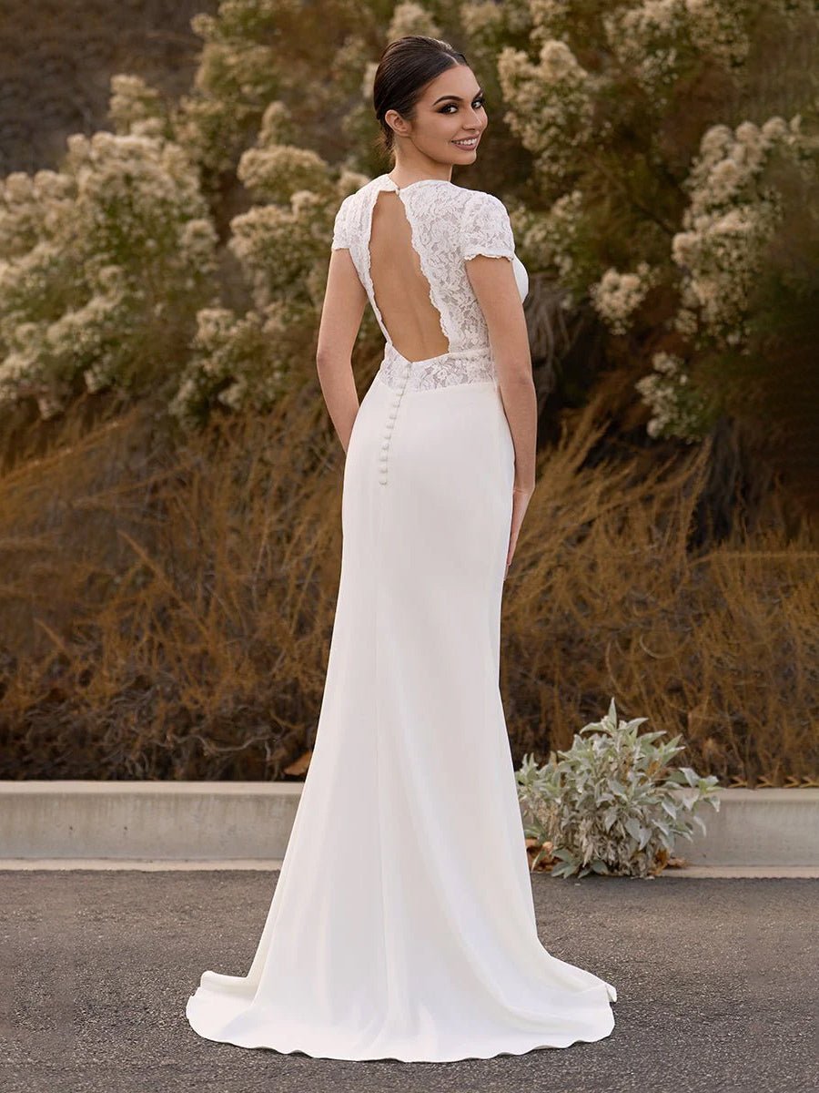 Modest Simple Sheath Short Sleeve Empire Floor - Length Sweep Train Chiffon V - neck Wedding Dress - KissProm