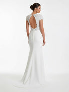Modest Simple Sheath Short Sleeve Empire Floor - Length Sweep Train Chiffon V - neck Wedding Dress - KissProm