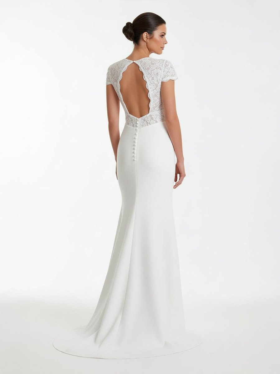 Modest Simple Sheath Short Sleeve Empire Floor - Length Sweep Train Chiffon V - neck Wedding Dress - KissProm