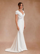Modest Simple Sheath Short Sleeve Empire Floor - Length Sweep Train Chiffon V - neck Wedding Dress - KissProm
