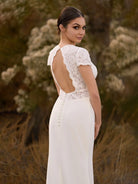 Modest Simple Sheath Short Sleeve Empire Floor - Length Sweep Train Chiffon V - neck Wedding Dress - KissProm