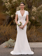 Modest Simple Sheath Short Sleeve Empire Floor - Length Sweep Train Chiffon V - neck Wedding Dress - KissProm