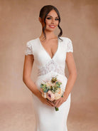 Modest Simple Sheath Short Sleeve Empire Floor - Length Sweep Train Chiffon V - neck Wedding Dress - KissProm