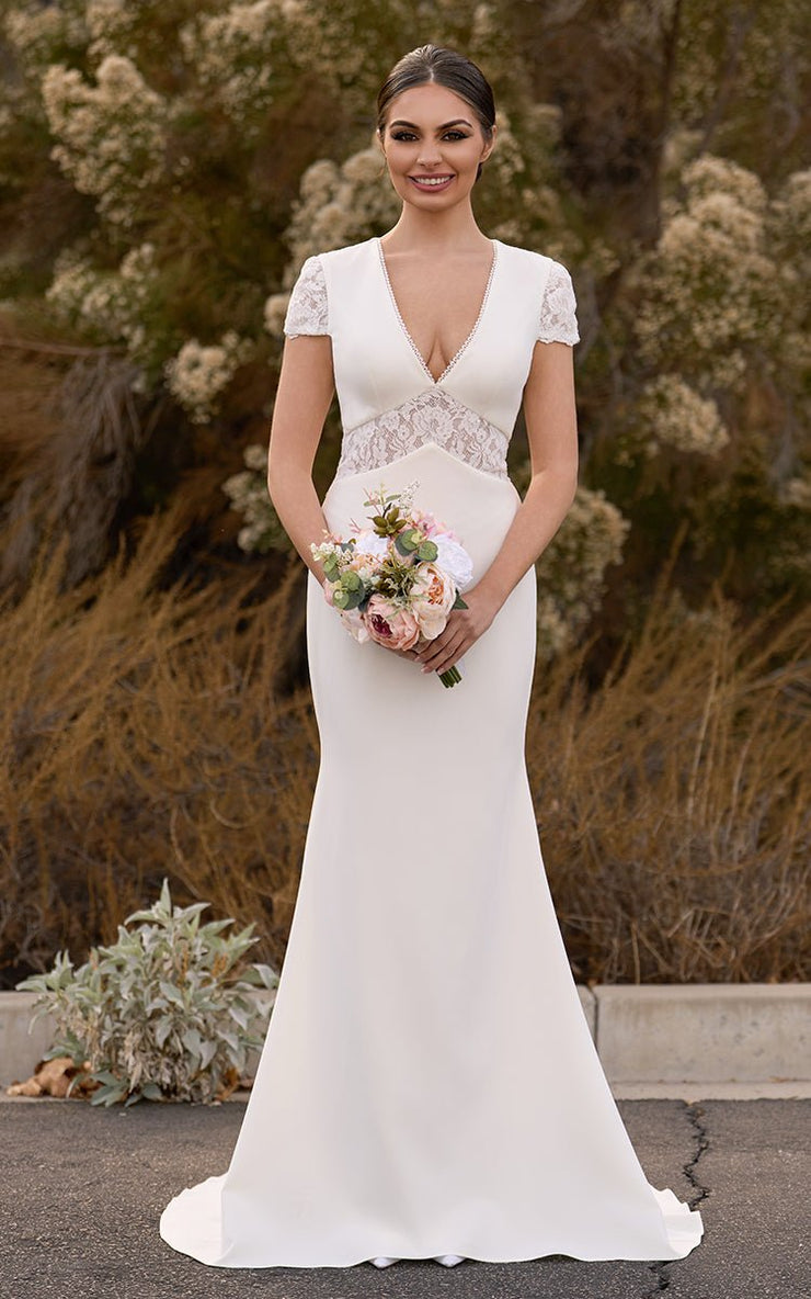 Dress For Wedding Casual V-neck Sheath Empire Floor-length Sweep Train Short Sleeve Wedding Dress With Lace / Dress For Formal main image 1