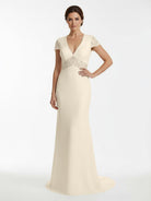 Modest Simple Sheath Short Sleeve Empire Floor - Length Sweep Train Chiffon V - neck Wedding Dress - KissProm