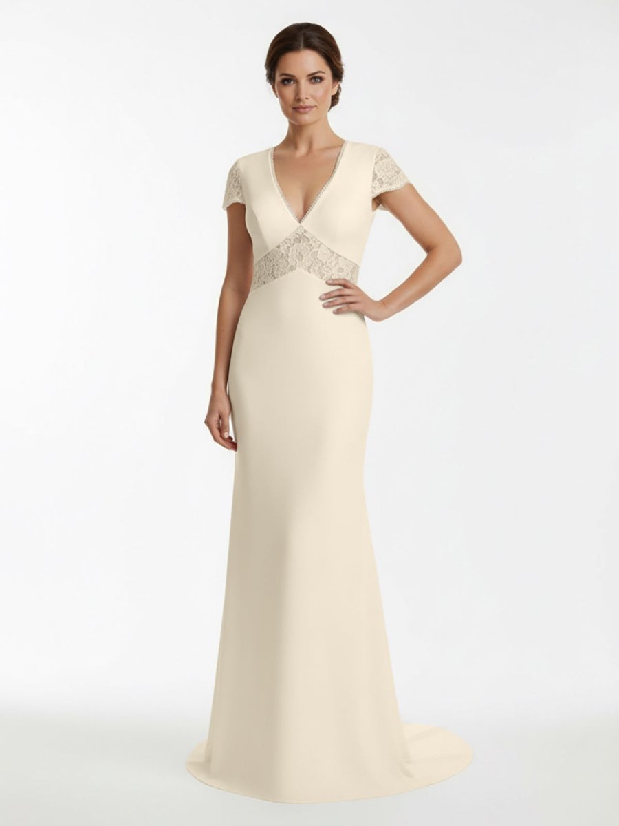 Modest Simple Sheath Short Sleeve Empire Floor - Length Sweep Train Chiffon V - neck Wedding Dress - KissProm