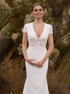 Modest Simple Sheath Short Sleeve Empire Floor - Length Sweep Train Chiffon V - neck Wedding Dress - KissProm