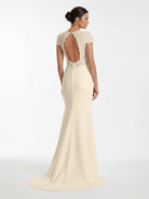 Modest Simple Sheath Short Sleeve Empire Floor - Length Sweep Train Chiffon V - neck Wedding Dress - KissProm