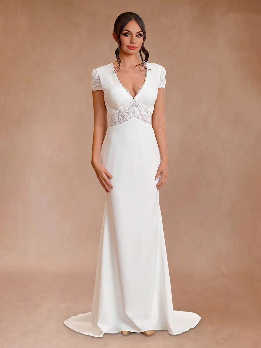 Modest Simple Sheath Short Sleeve Empire Floor - Length Sweep Train Chiffon V - neck Wedding Dress - KissProm