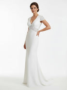 Modest Simple Sheath Short Sleeve Empire Floor - Length Sweep Train Chiffon V - neck Wedding Dress - KissProm