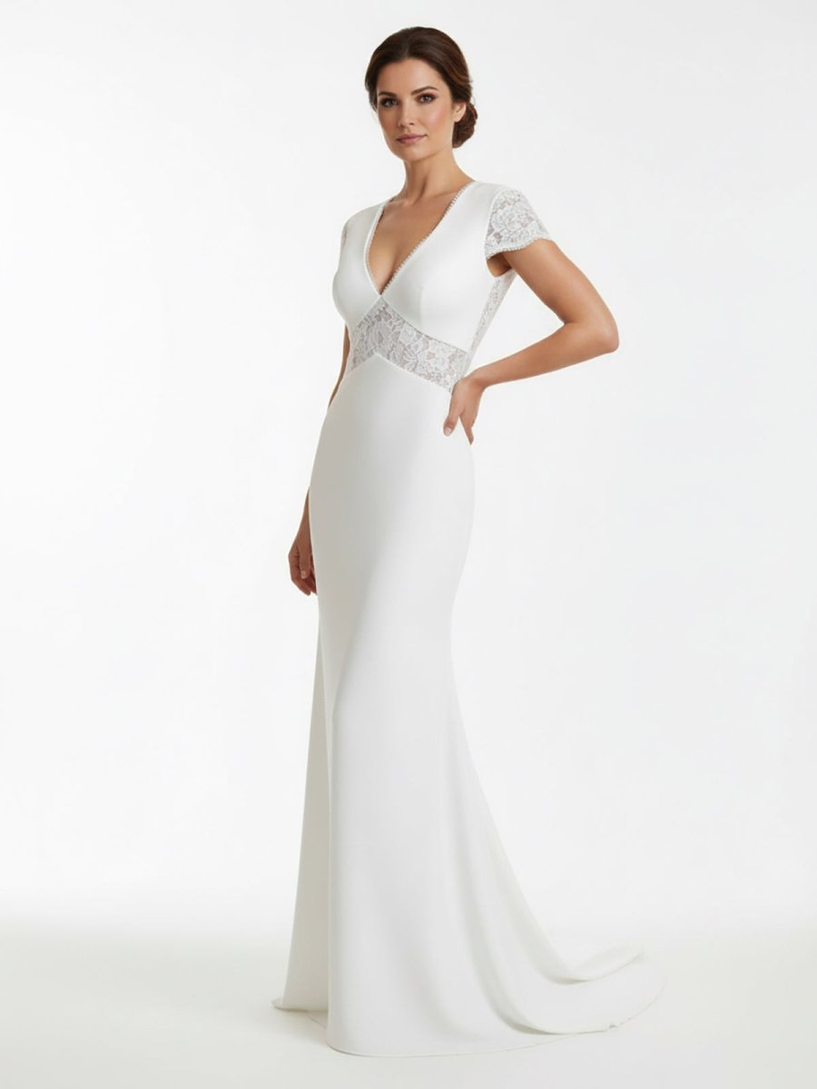 Modest Simple Sheath Short Sleeve Empire Floor - Length Sweep Train Chiffon V - neck Wedding Dress - KissProm