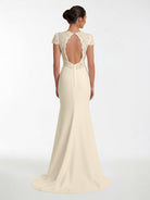 Modest Simple Sheath Short Sleeve Empire Floor - Length Sweep Train Chiffon V - neck Wedding Dress - KissProm