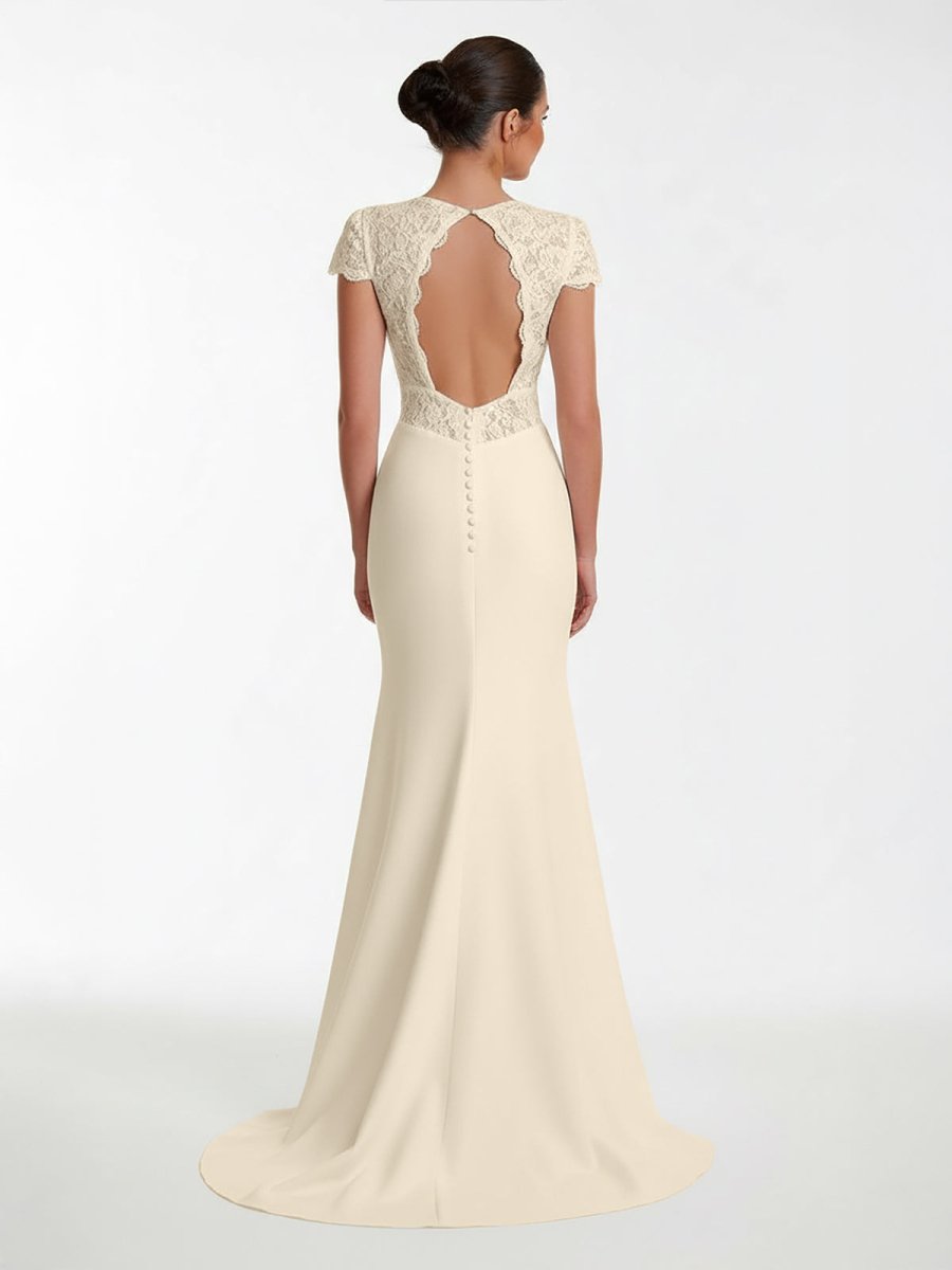 Modest Simple Sheath Short Sleeve Empire Floor - Length Sweep Train Chiffon V - neck Wedding Dress - KissProm