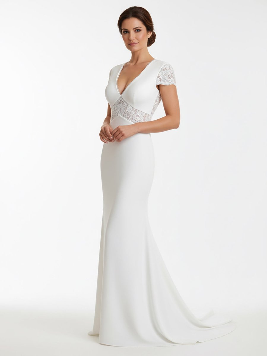 Modest Simple Sheath Short Sleeve Empire Floor - Length Sweep Train Chiffon V - neck Wedding Dress - KissProm