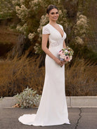 Modest Simple Sheath Short Sleeve Empire Floor - Length Sweep Train Chiffon V - neck Wedding Dress - KissProm