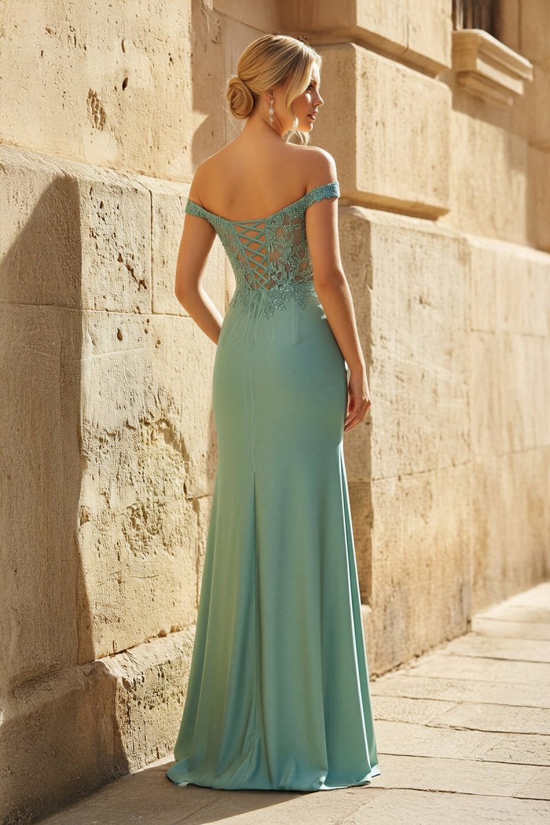 Green Off The Shoulder Appliqued Mermaid Prom Dress With Split Mint Green / 14