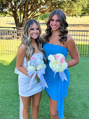 Morganite | Pink - Sheath Strapless Pleated Short Homecoming Dresses With Train