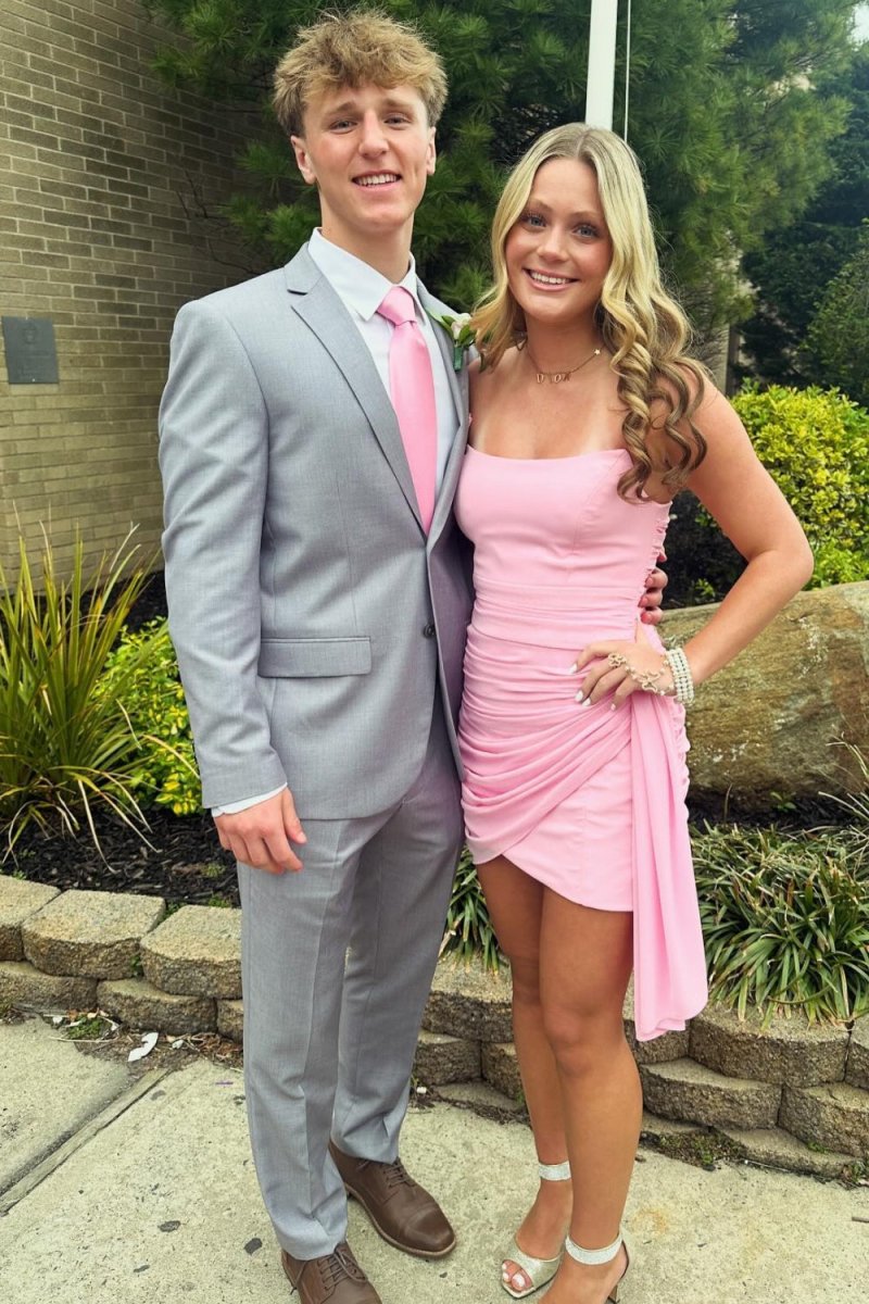 Morganite | Pink - Sheath Strapless Pleated Short Homecoming Dresses With Train