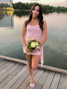 Morganite | Pink - Sheath Strapless Pleated Short Homecoming Dresses With Train