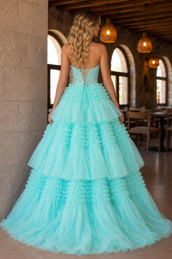 Red Tulle Appliques Halter Ruffle Tiered Ball Gown - KissProm