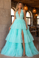 Red Tulle Appliques Halter Ruffle Tiered Ball Gown - KissProm